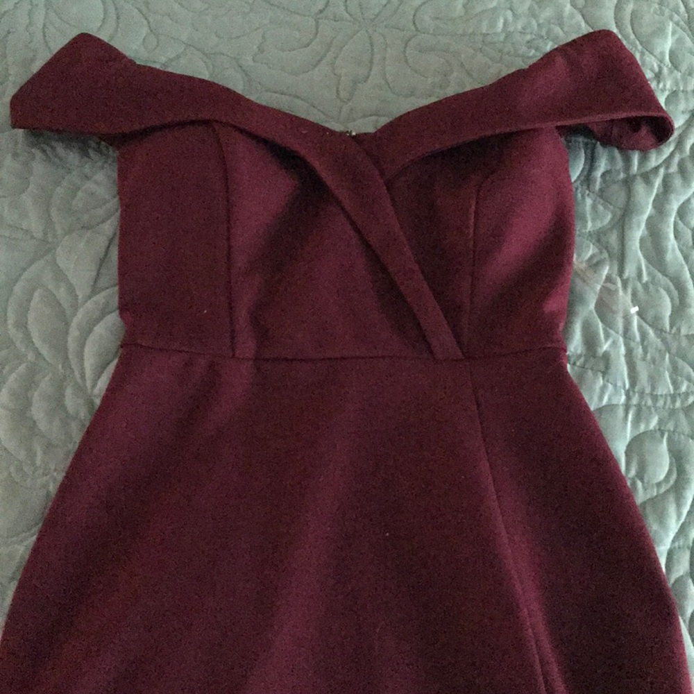 Wine colored off the shoulder dress